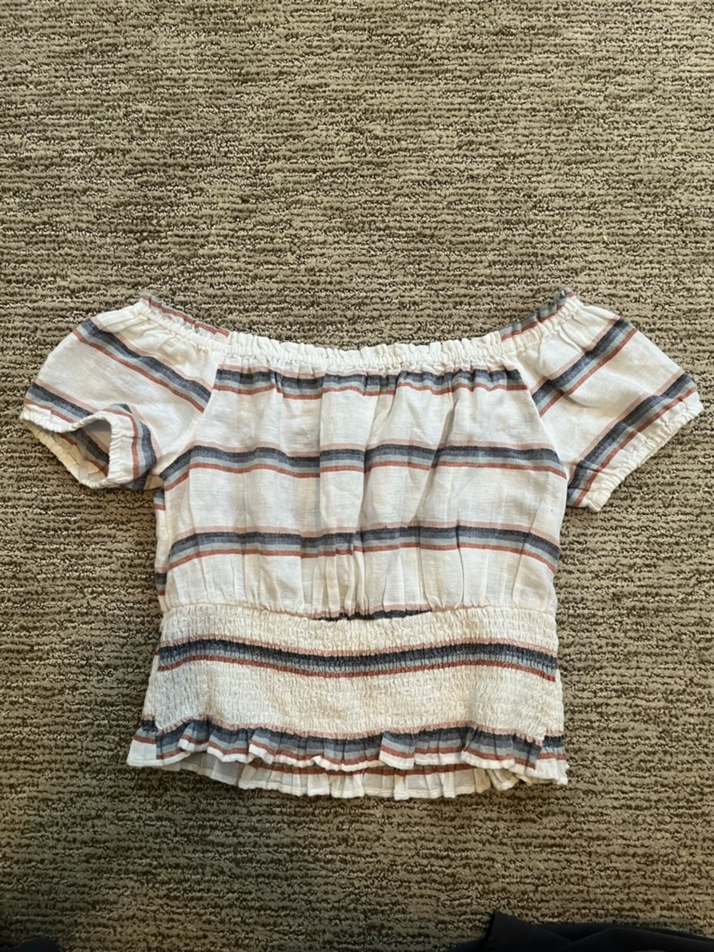American Eagle Outfitters White Off-Shoulder Top with Blue & Rust Stripes